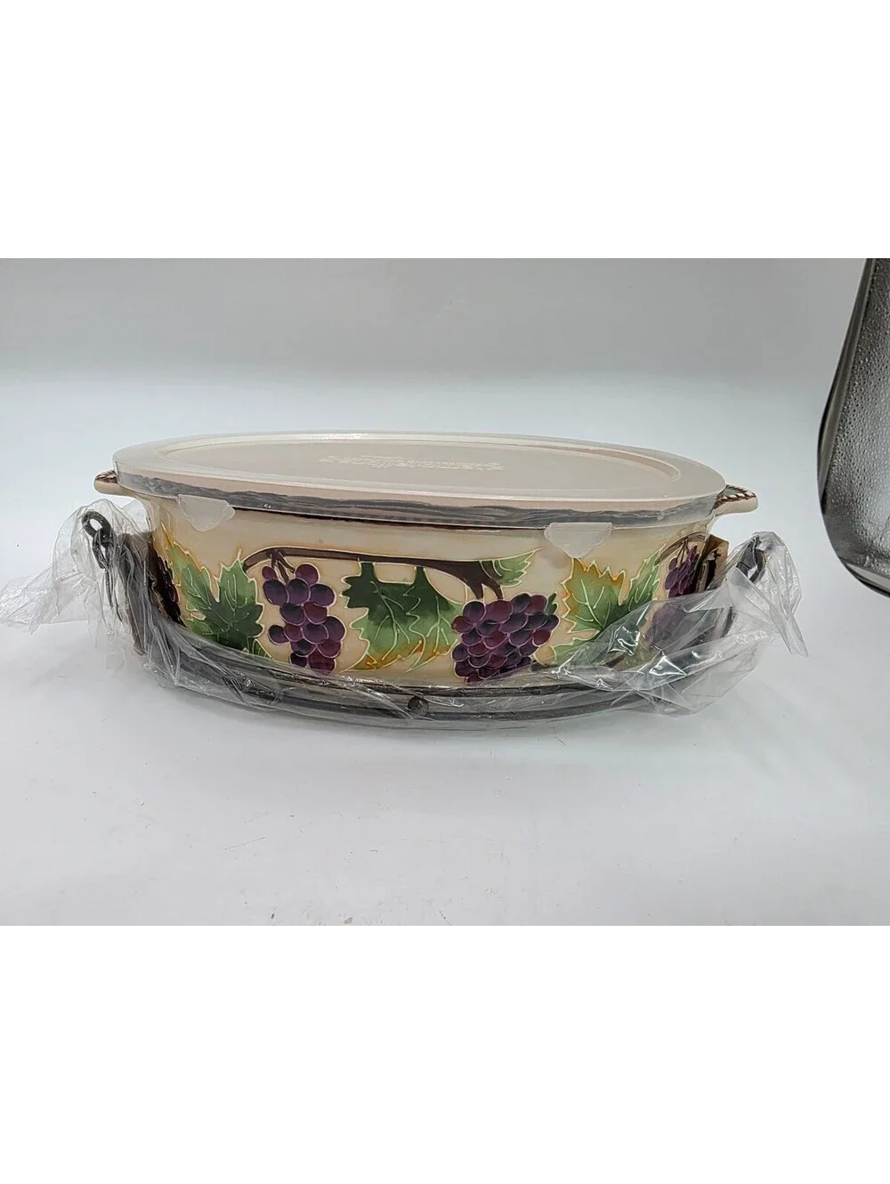 Grapevine Ceramic Covered Casserole Dish with Metal Stand